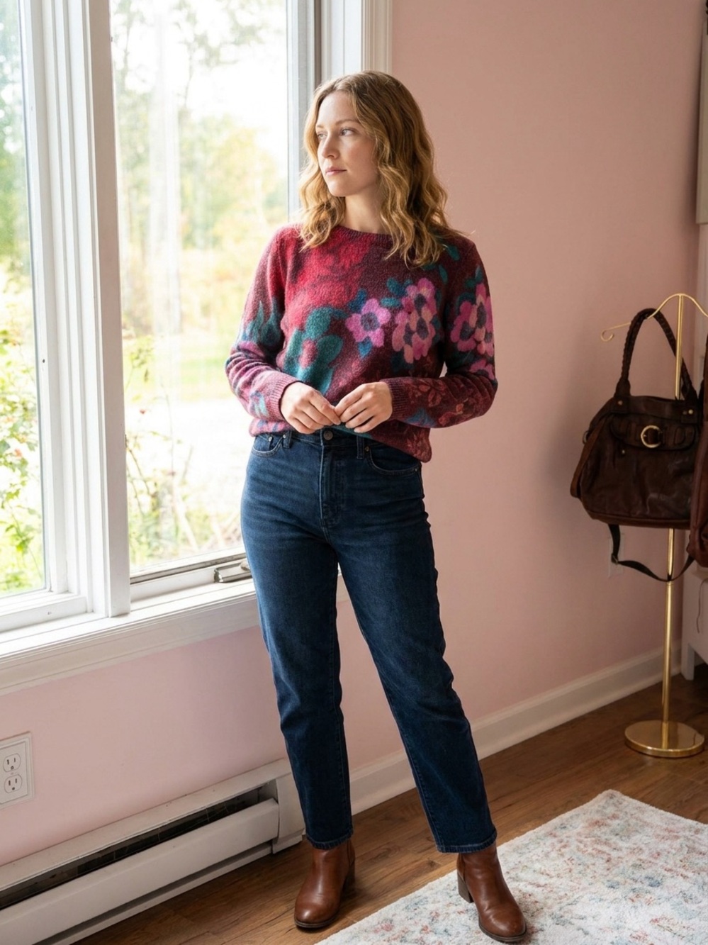 Talbots Burgundy Floral Crewneck Sweater with Pink & Teal Accents